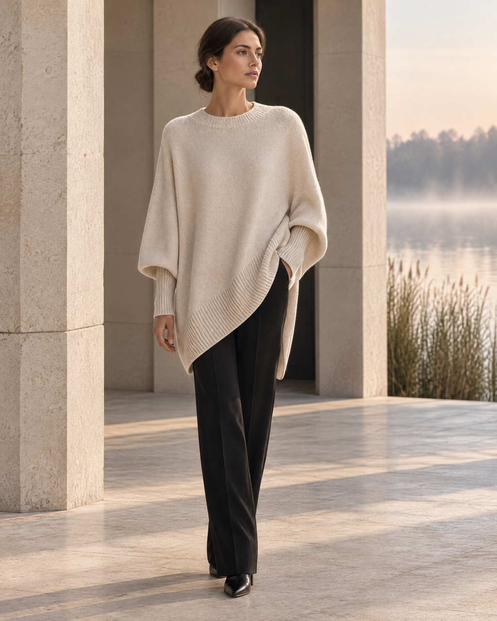 Éloïse asymmetric ecru knit beside a misty riverside pavilion