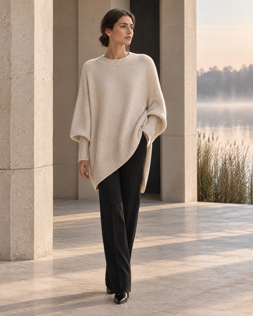Éloïse asymmetric ecru knit beside a misty riverside pavilion