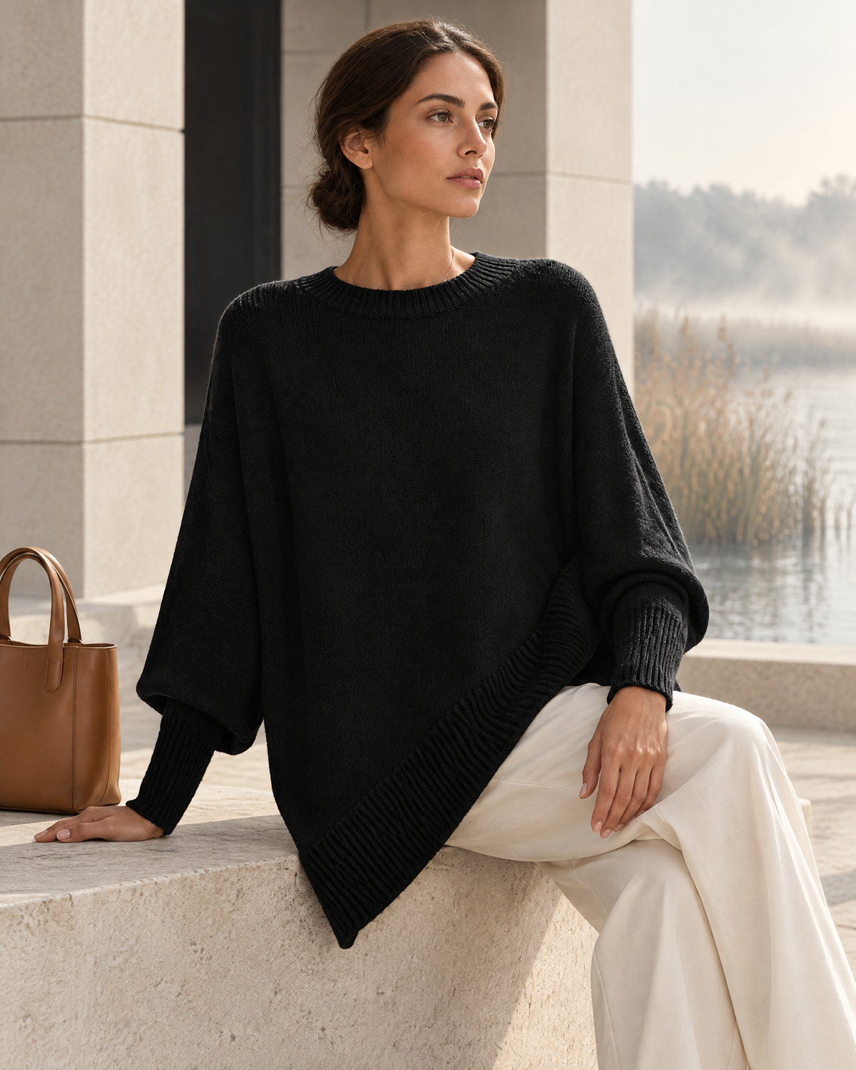 Maison Aue eloise asymmetric knit in Black, editorial model pose at limestone pavilion