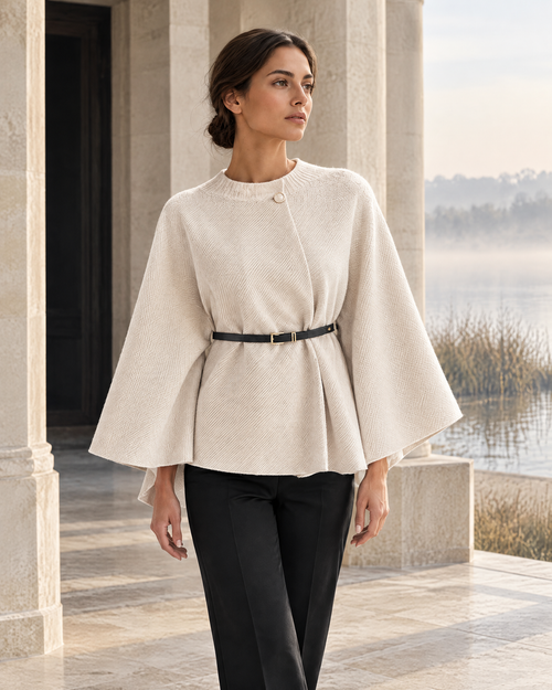 Margaux ivory stand-collar cape beside a misty riverside pavilion