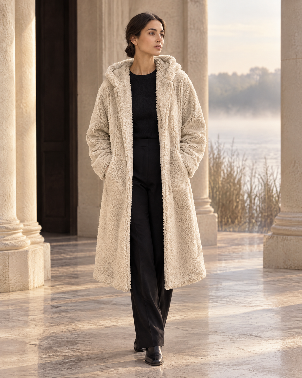 Noémie ecru hooded teddy coat beside a misty riverside pavilion