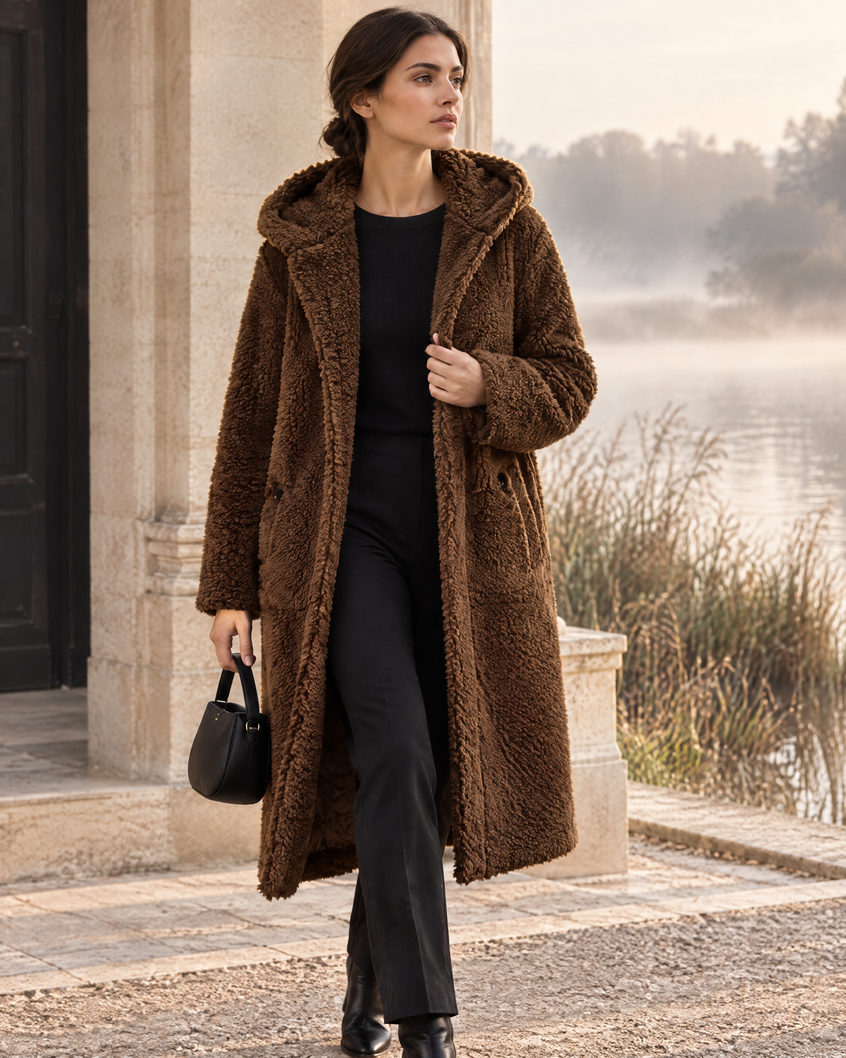 Maison Aue noemie hooded teddy coat in Brown, editorial model pose at limestone pavilion