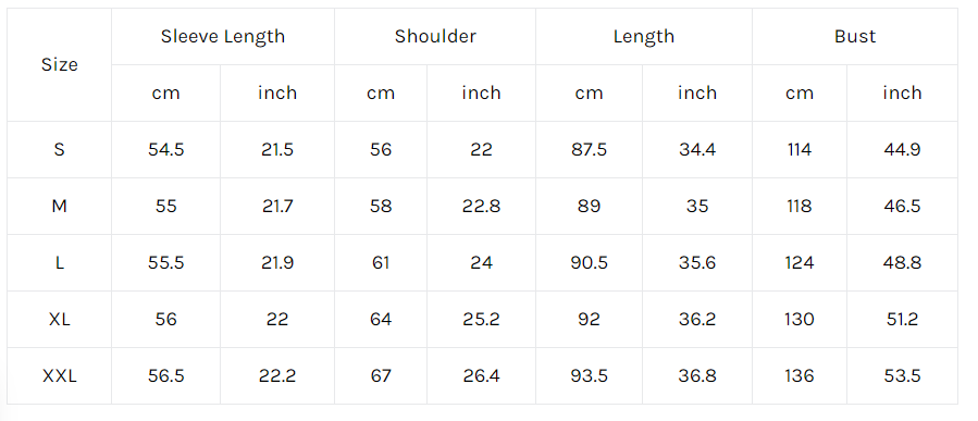 Sabine original supplier garment measurements; compare with your body measurements before selecting a size.