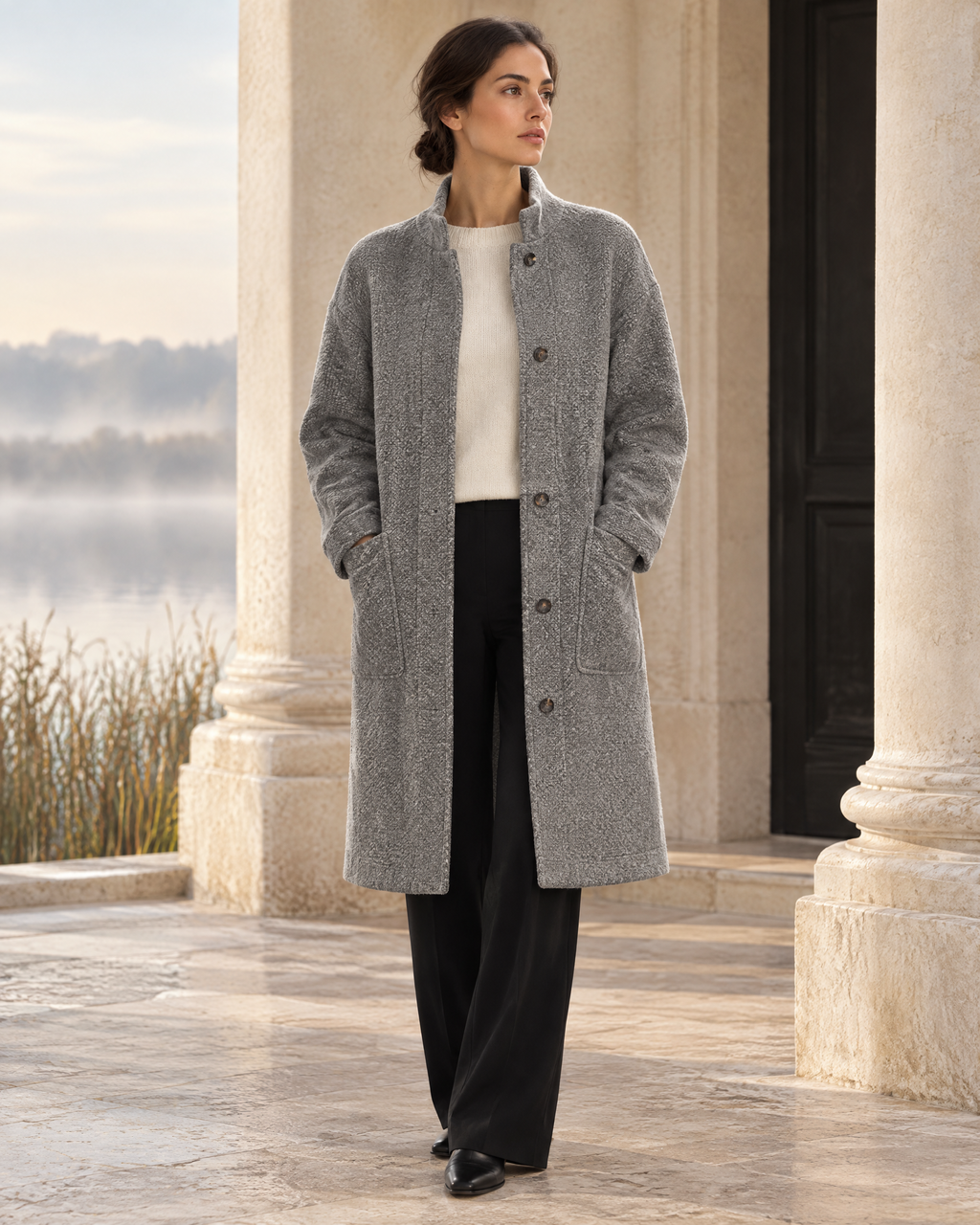 Sabine gray stand-collar coat beside a misty riverside pavilion