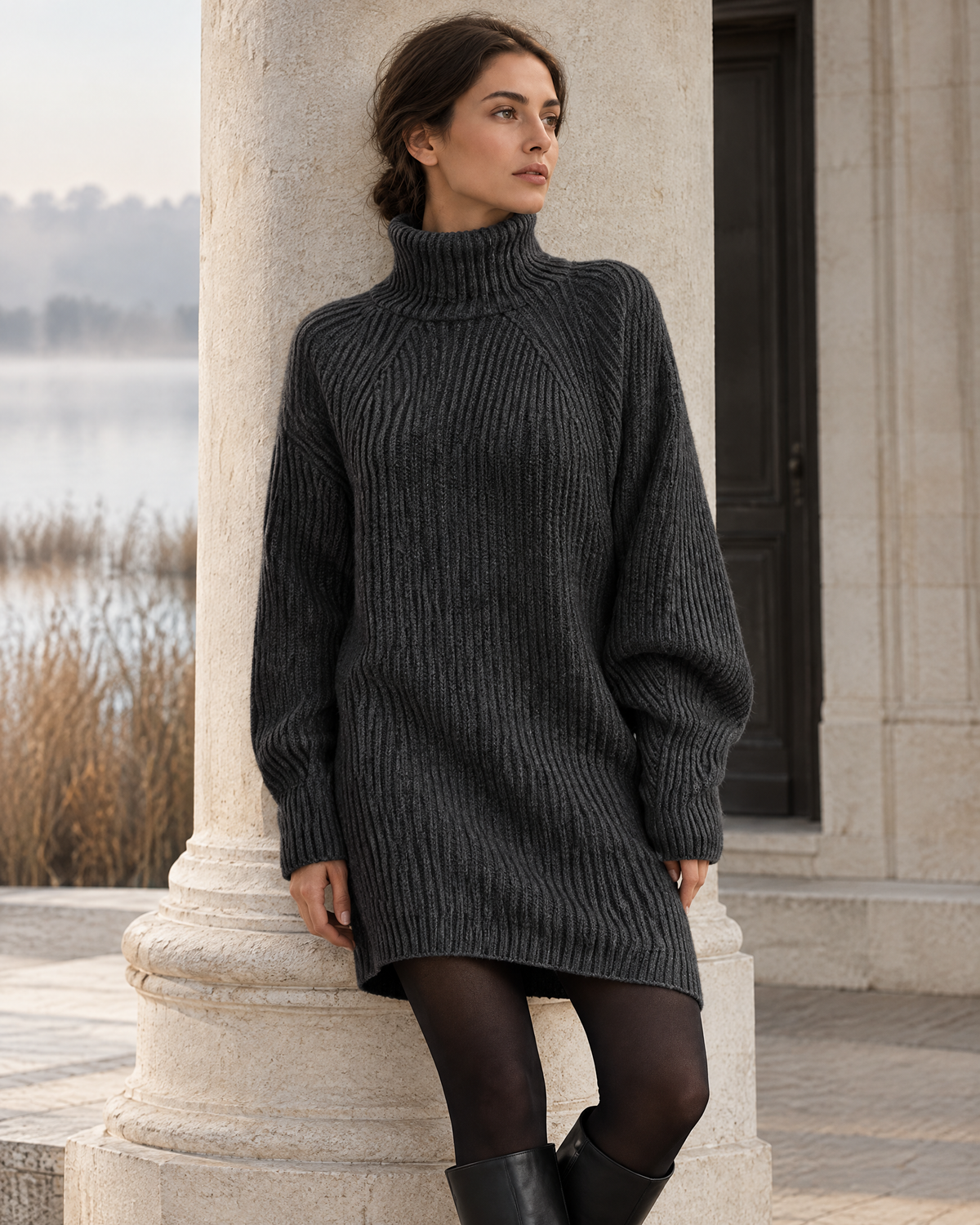 Maison Aue soline ribbed sweater dress in Dark grey, editorial model pose at limestone pavilion